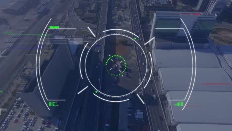 animation of glitch effect, data processing and scope scanning over aerial view of cityscape