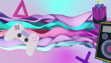 animation of video game items moving over waving multi coloured background