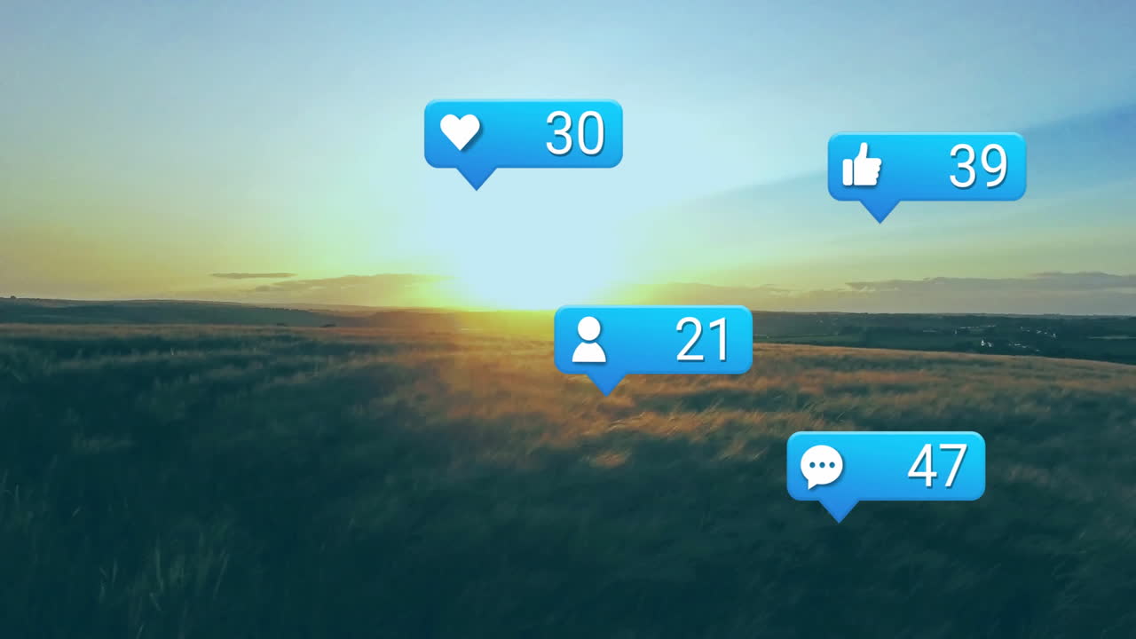 notification bubbles floating above field at sunset, showing heart, like, user, comment icons
