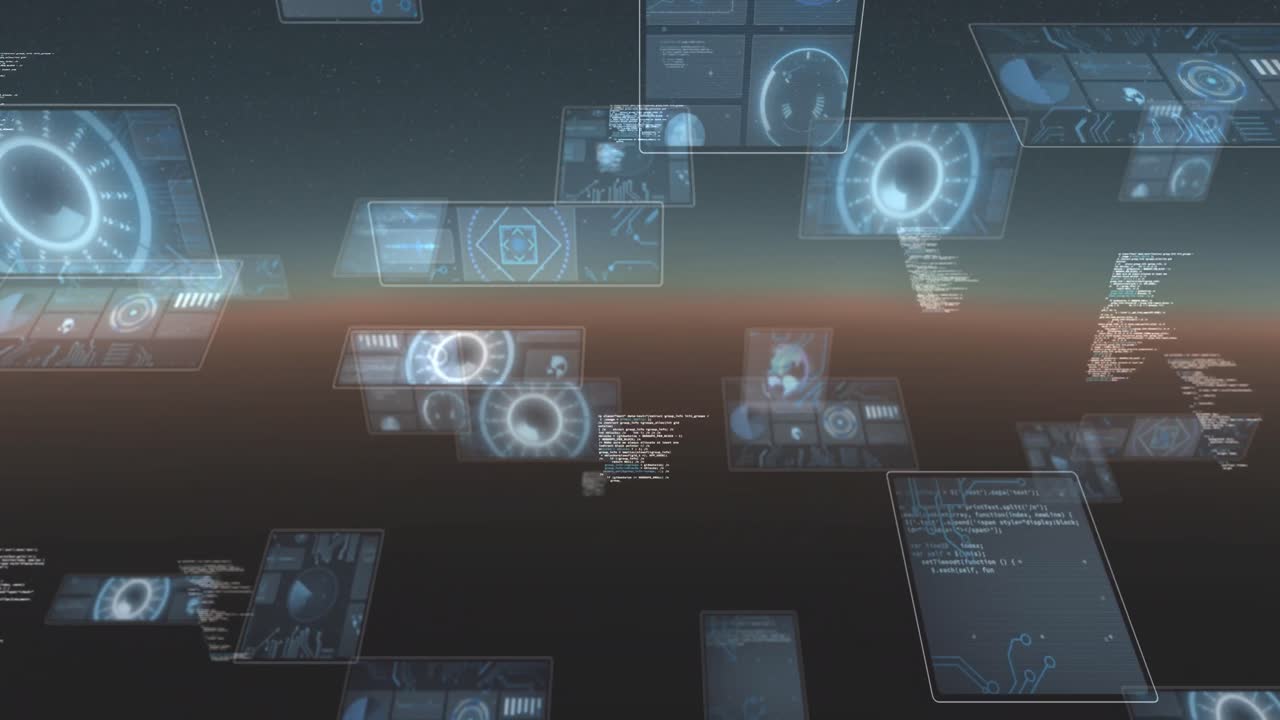 Animation of data processing and scopes scanning on screen over glowing horizon