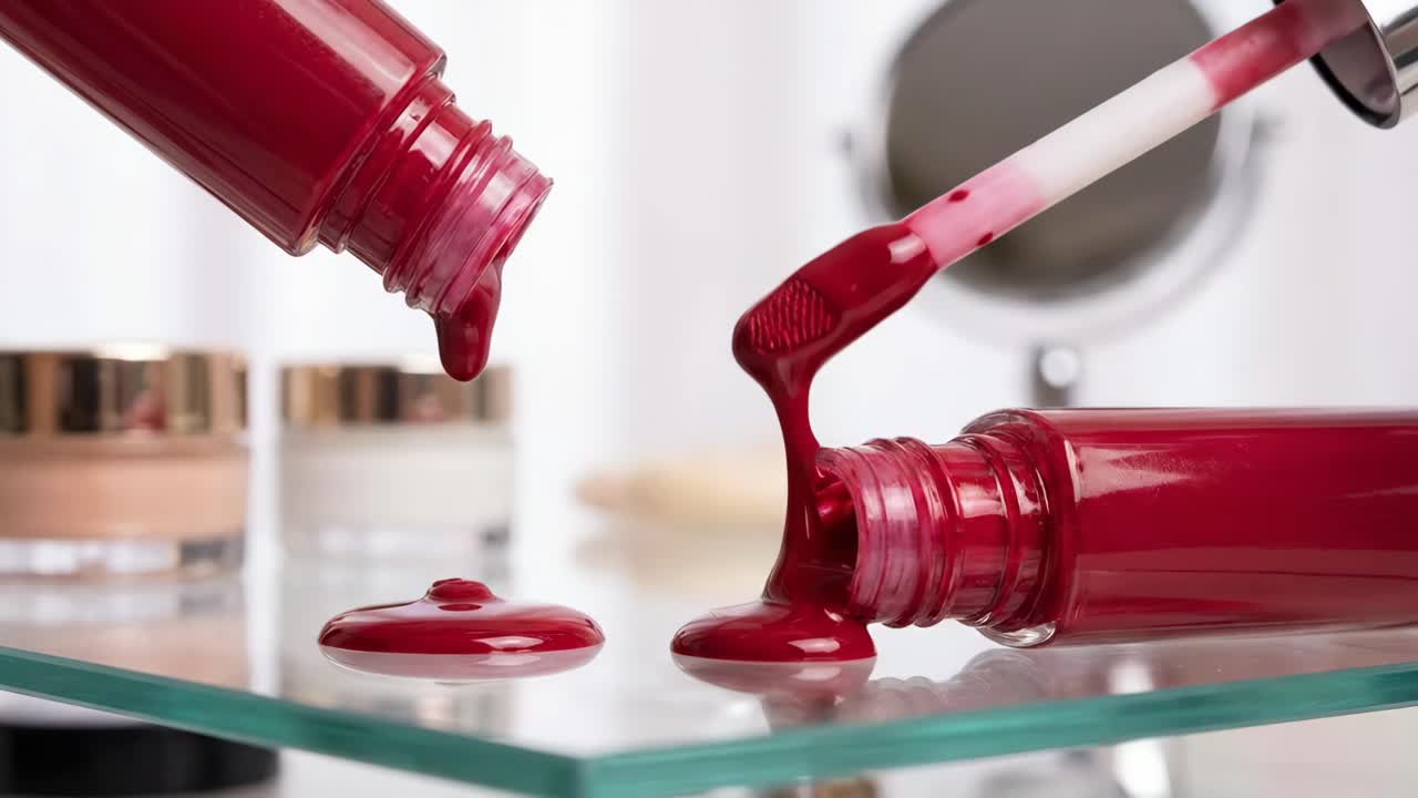 Batom líquido vermelho derramando e escorrendo sobre superfície de vidro