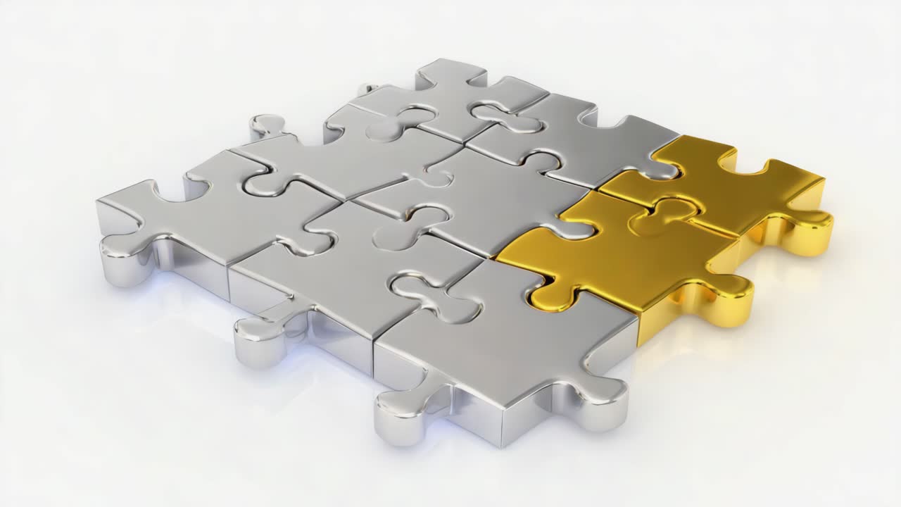 Golden Puzzle Piece Completing a Metallic Puzzle