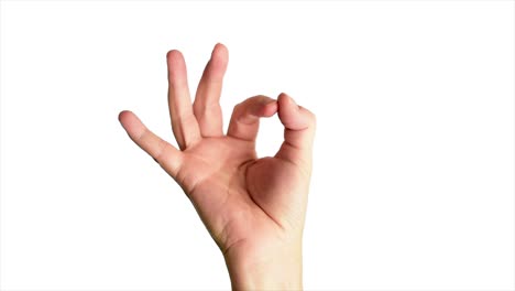 Close-up-shot-of-a-male-hand-holding-up-a-classic-ok-or-perfect-sign,-against-a-plain-white-background