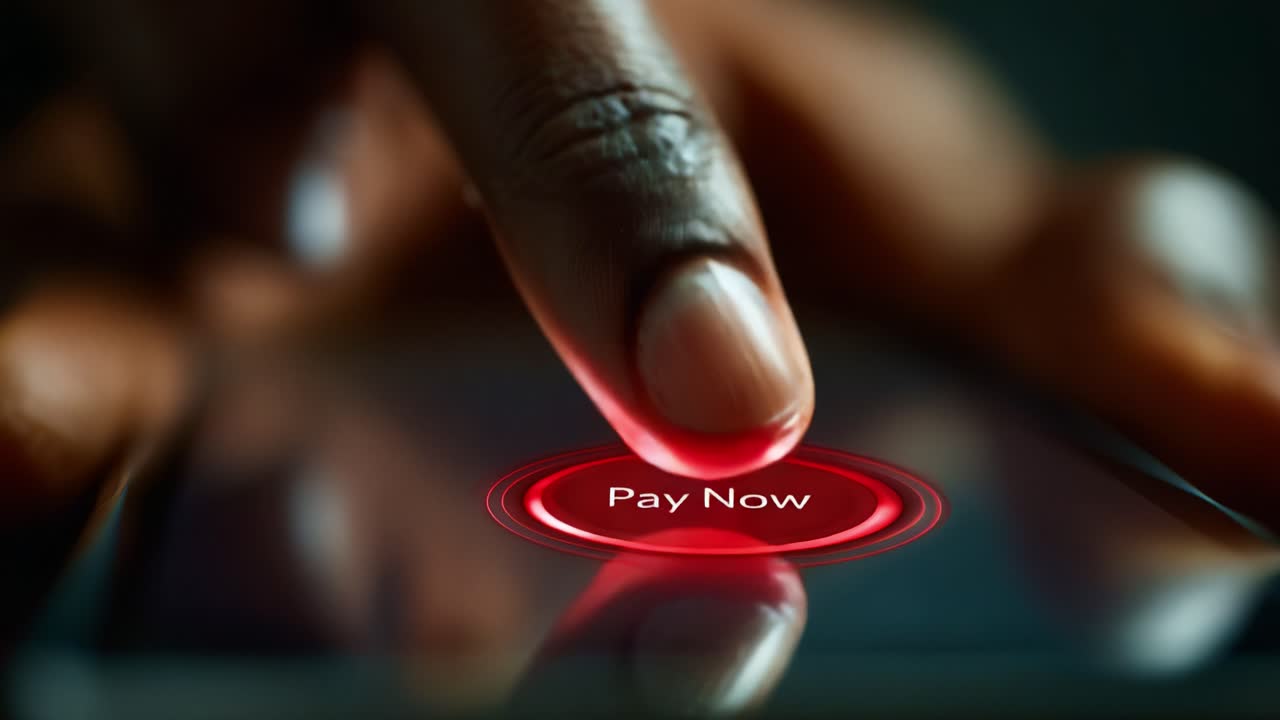 Engaging with Digital Payment Systems: A Close-Up of a Finger About to Confirm a Transaction on a Mobile Device with a Prominent 'Pay Now' Button Illuminating