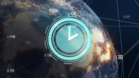 animation of network of connections and clock over globe on dark background