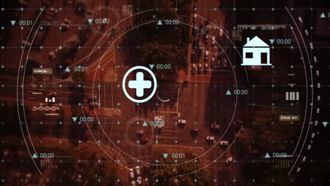 Medical-data-processing-animation-over-aerial-view-of-busy-city-intersection