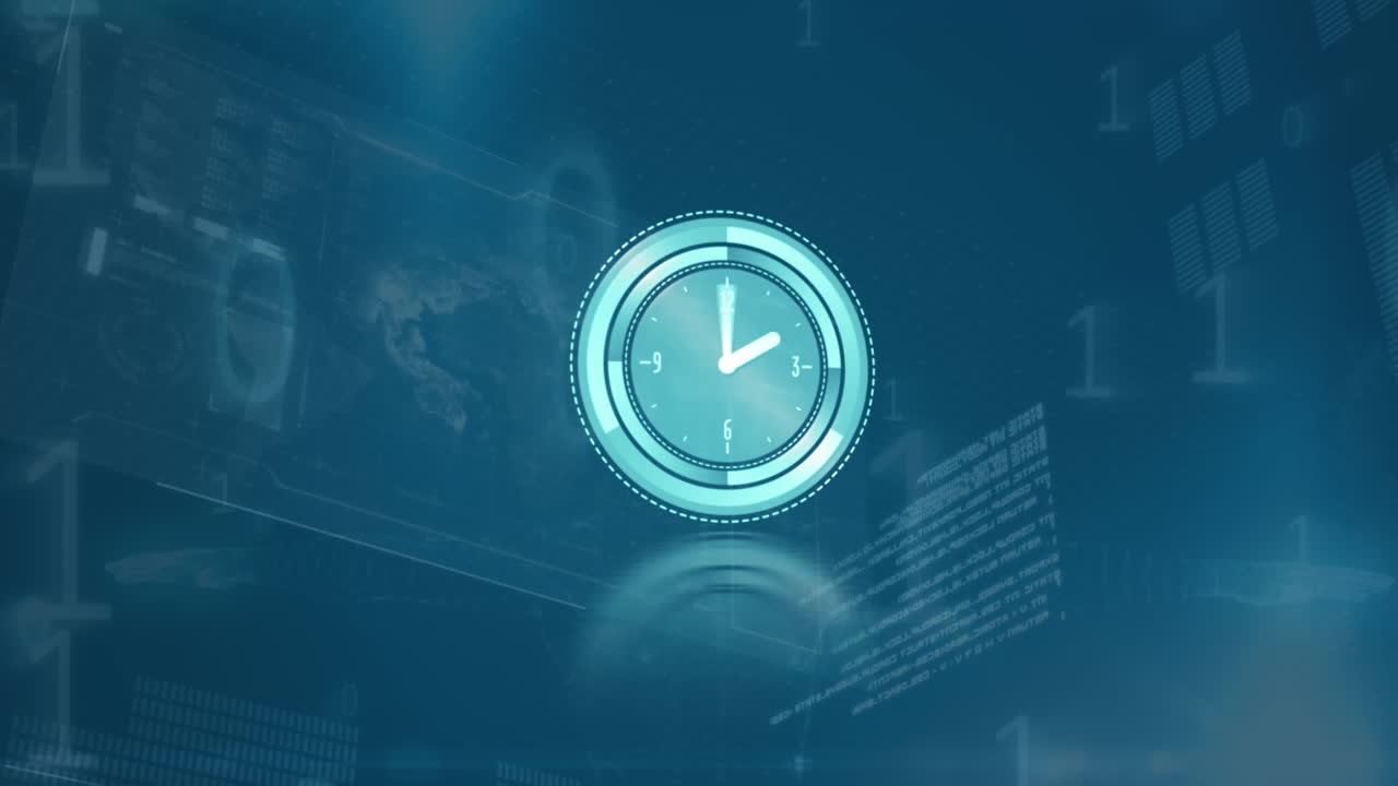 Animation of moving clock with data processing on black background