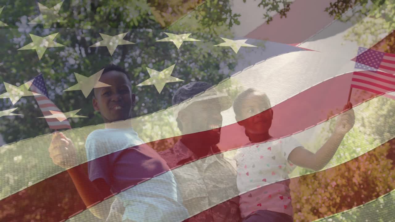 미소 짓는 딸과 아들을 미국  ⁇ 발 위에 안아주는 남성 군인의 애니메이션