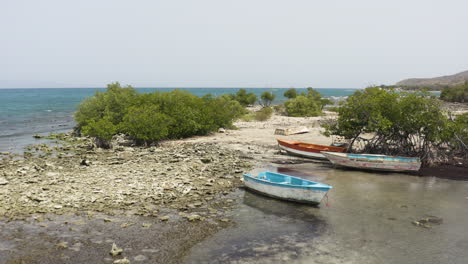 aerial - boats on beautiful monte rio beach, azua, dominican republic, reverse