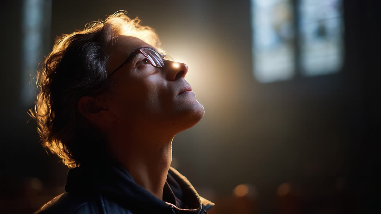Un momento contemplativo di riflessione e illuminazione in uno spazio enigmatico scarsamente illuminato, che cattura un'espressione serena e una soffusa atmosfera illuminata