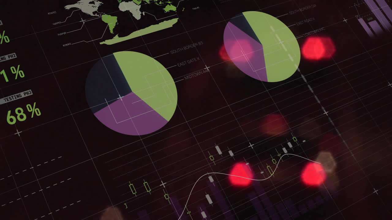 gráficos de pastel y gráficos financieros animación sobre luces rojas borrosas de fondo