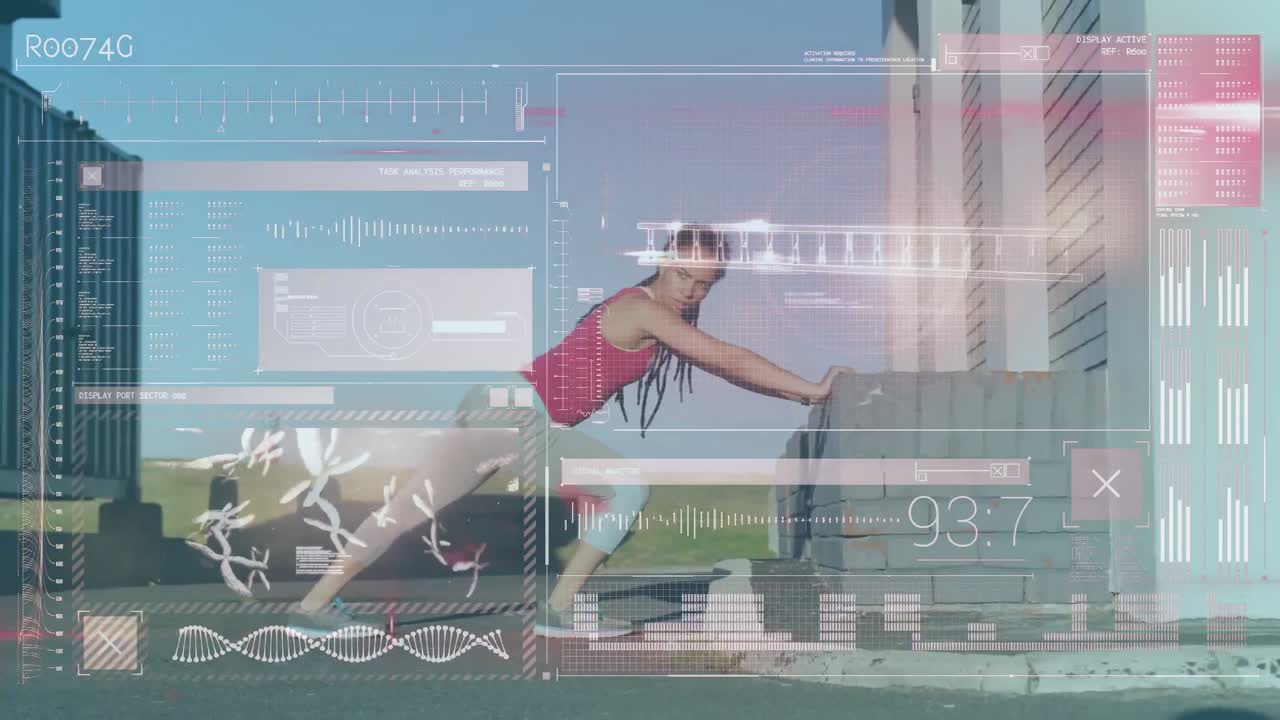 Animation of statistics and graphs over woman exercising on promenade by the sea
