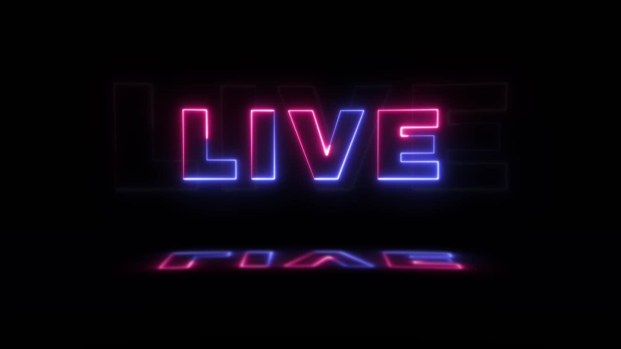 palavra brilhante de néon 'vivo' em um fundo preto com reflexos em um chão. sinais de brilho de néon em gráfico de movimento de loop sem costura