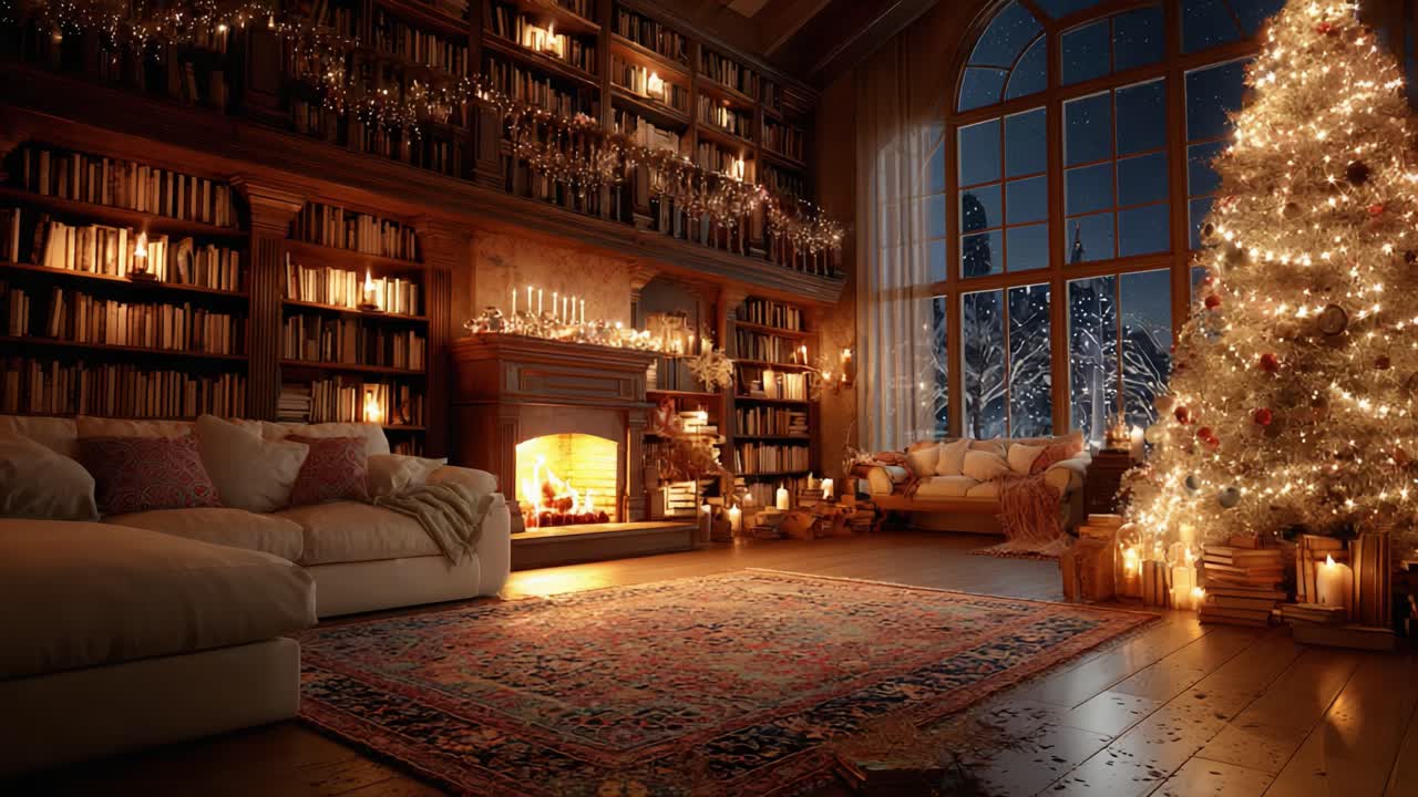 A Cozy Christmas Evening by the Fireplace: A Beautifully Decorated Living Room with a Glowing Tree, Warm Lighting, and Bookshelves Full of Treasures