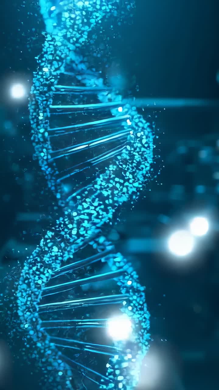 Video verticale: elica di DNA luminosa rotante che si alza dopo una panoramica della camera per rivelare la curva, con macchioline