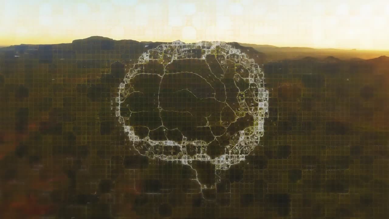 animación de un cerebro digital rotando sobre el paisaje y el cielo al atardecer