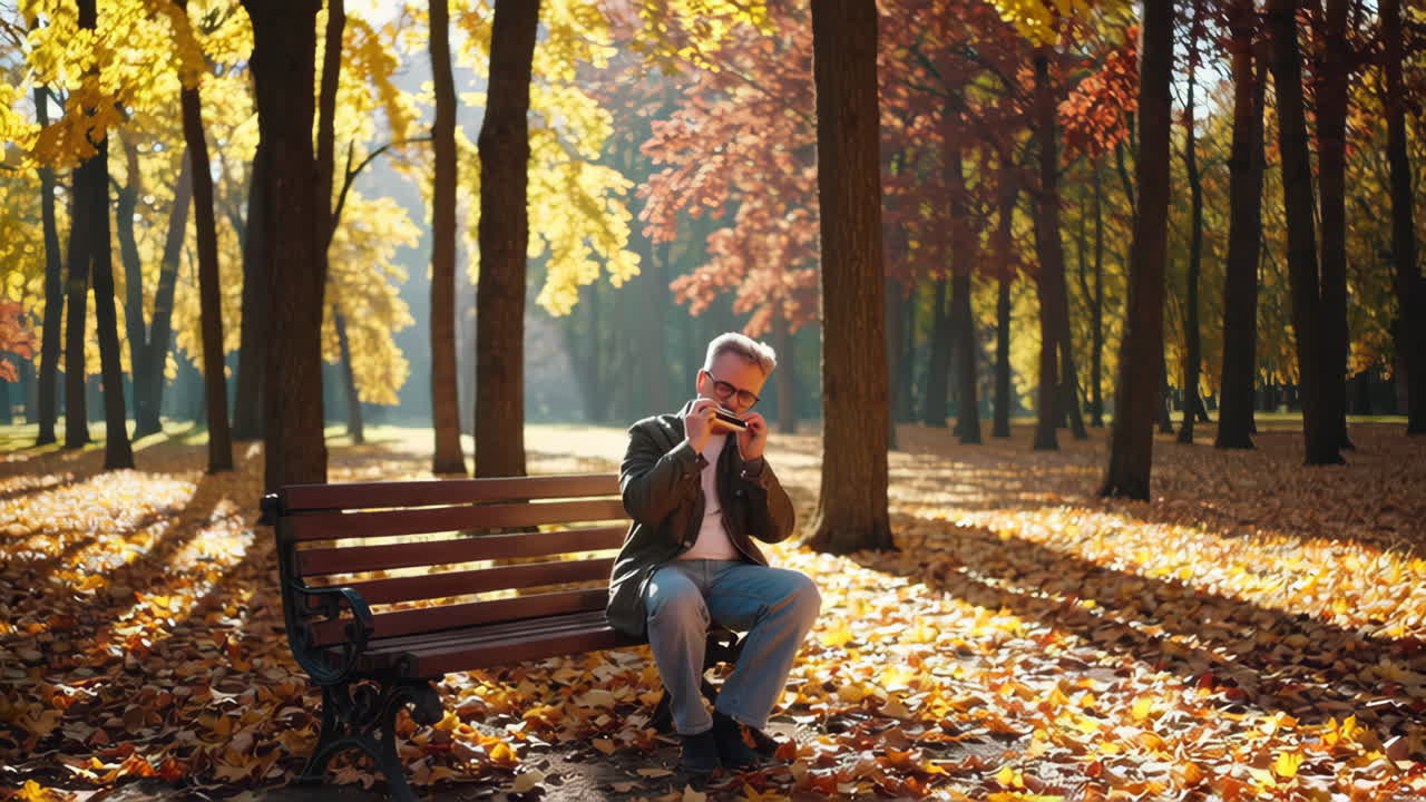 Man Playing Harmonica in an Autumn Park