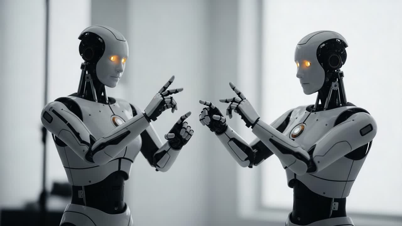 Two Advanced Robots Engaging in a Mutual Interaction with Illuminated Eyes in a Modern, High-Tech Environment, Illustrating Future Communication Technologies