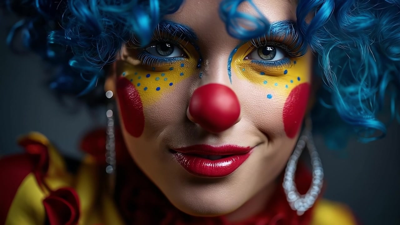 Close up portrait of a female clown with blue hair and colorful makeup looking directly at the camera