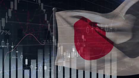 Animation-of-financial-statistics-recording-over-flag-of-japan-waving