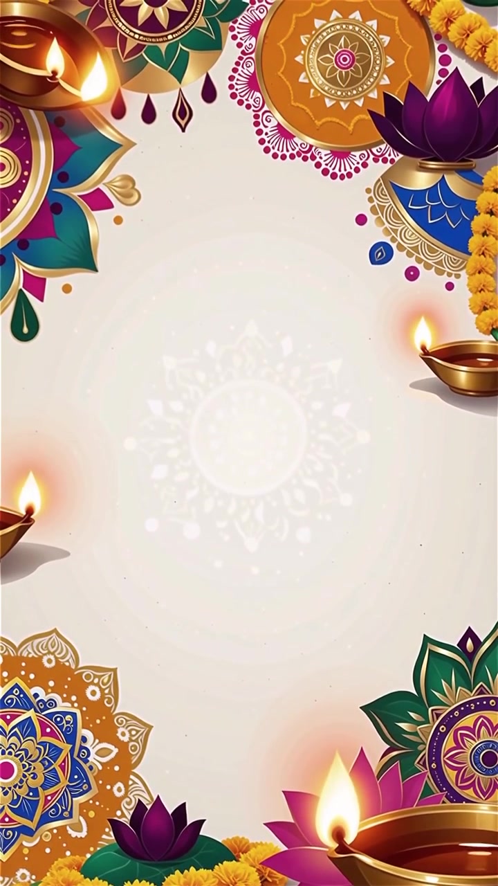 Sfondo Diwali con Diyas luminosi, Rangoli e fiori di loto