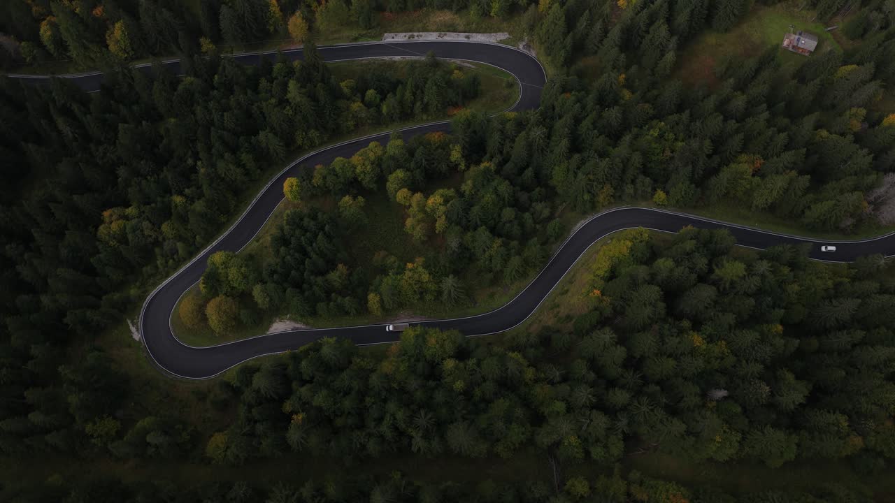 Serpentine road in the italian alps, the dolomites. Driving in green forest nature. Asphalt road full of hairpin corners and turns