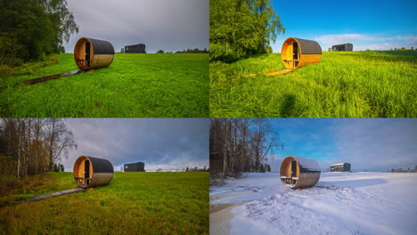 time lapse shot of barrel sauna on meadow in four different seasons with sunrise and sunset