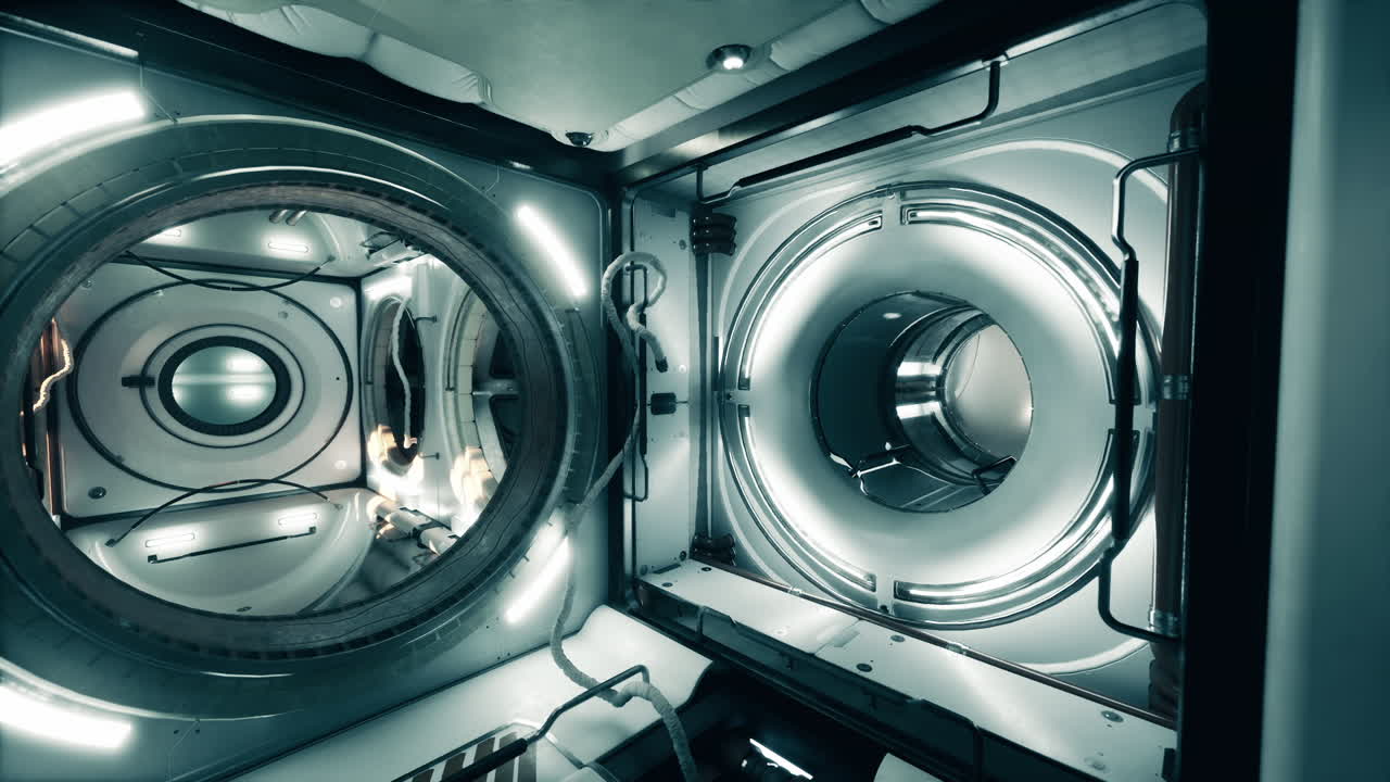 Interior view of a space station module with advanced technology and lighting