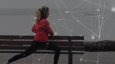 animation of network of connections and data processing over woman exercising