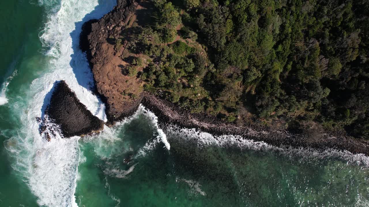 Bird's Eye View Of Fingal Head Causeway With Crashing Waves In Northern Rivers, New South Wales, Australia