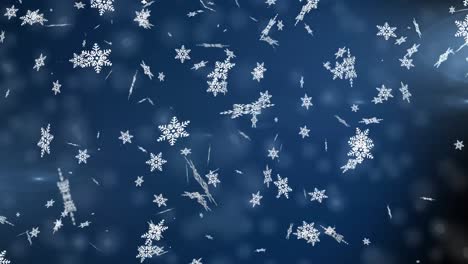 Digital-animation-of-snowflakes-falling-against-spots-of-light-on-blue-background
