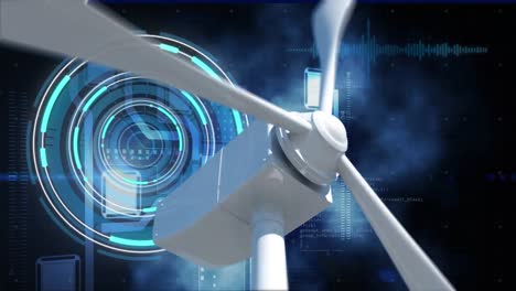 animation of scopes scanning and wind turbine on digital screen