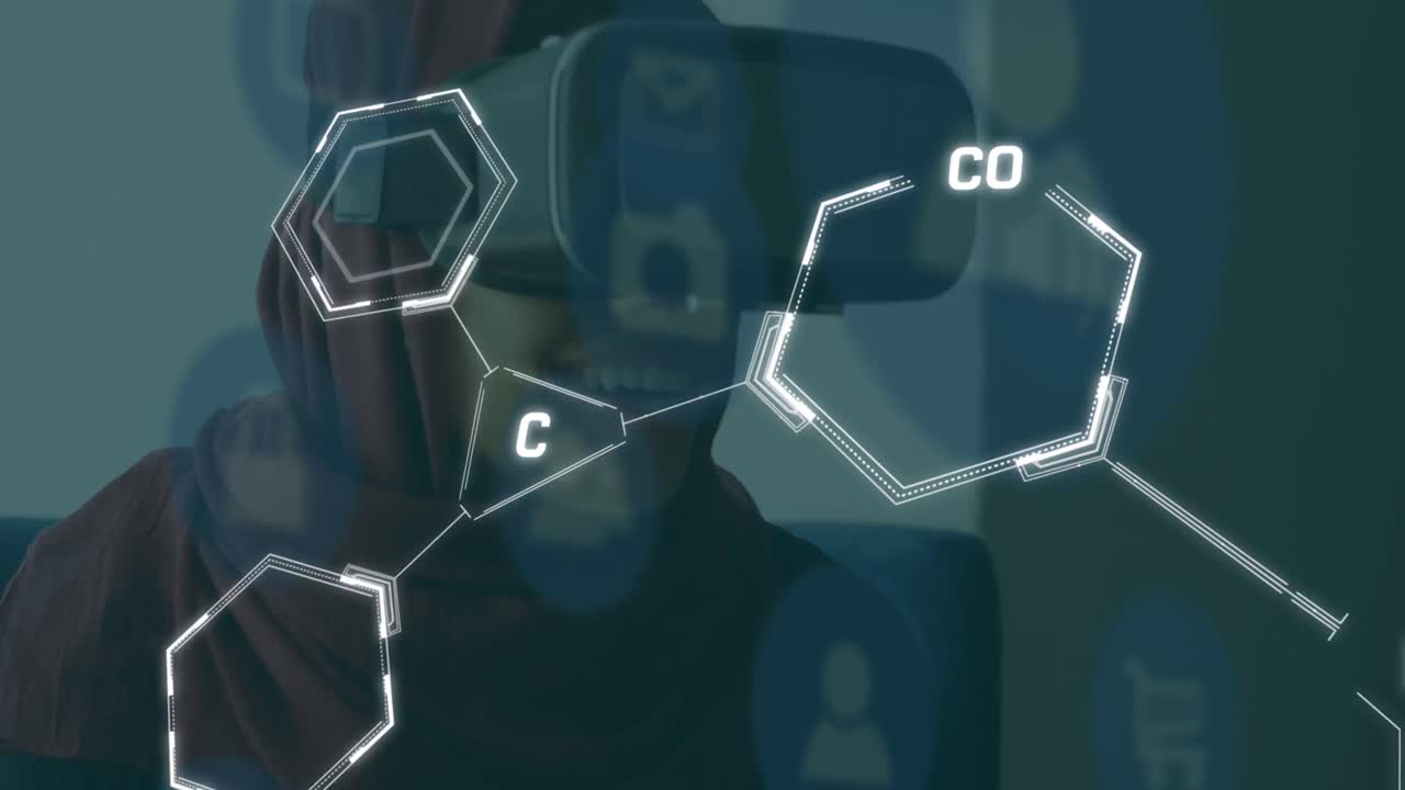 animación de fórmulas químicas sobre mujer de oriente medio en auriculares vr