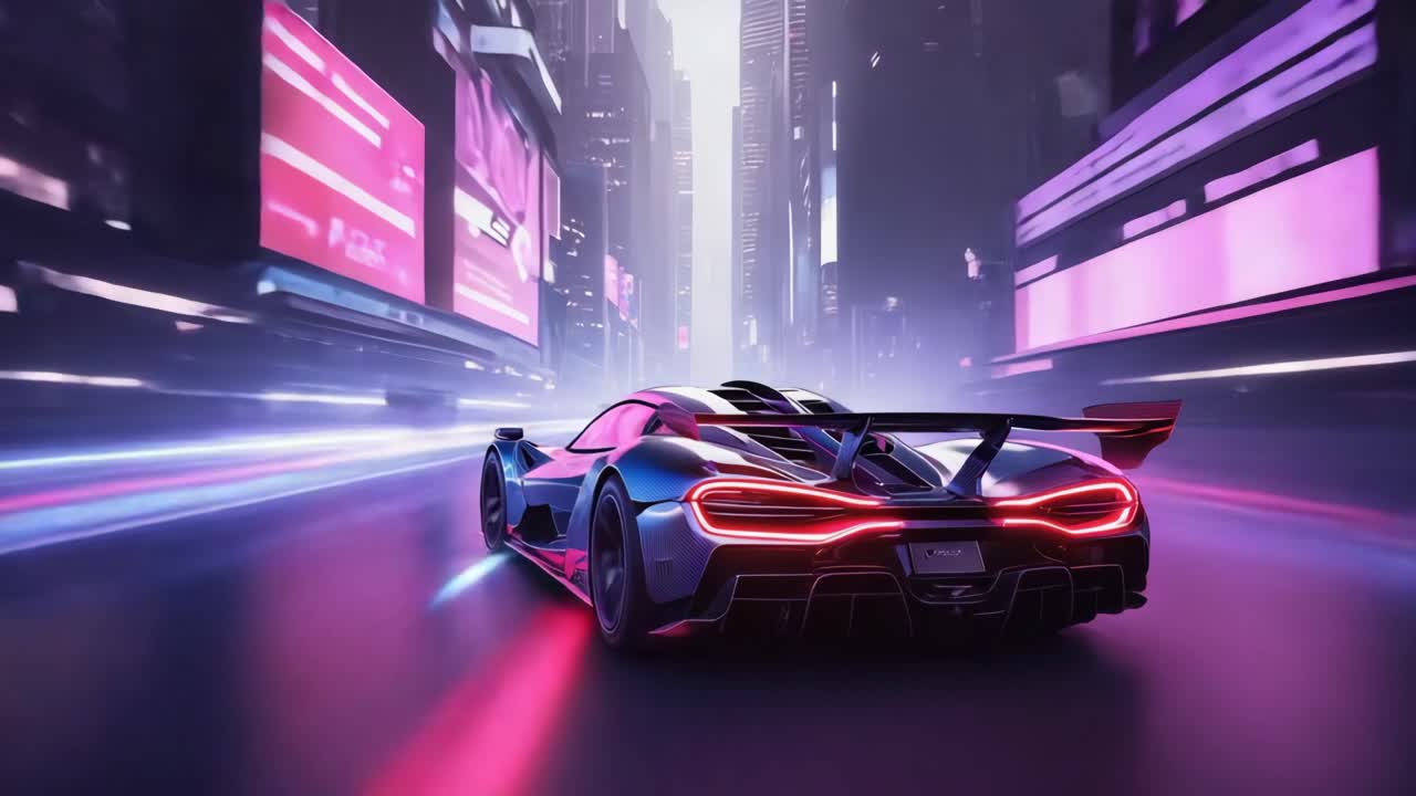 Futuristic Sports Car Driving Through a Neon-lit Cyberpunk City