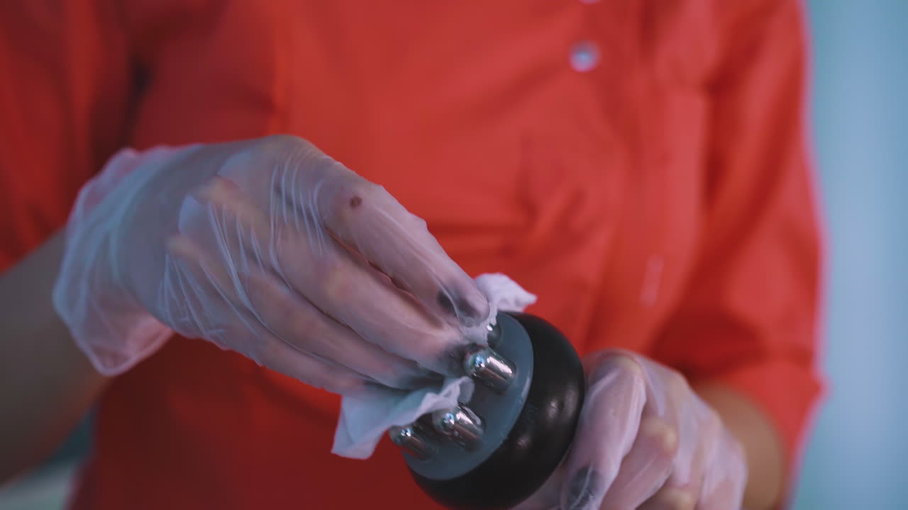 cosmetólogo en uniforme limpia el instrumento para vibromasaje