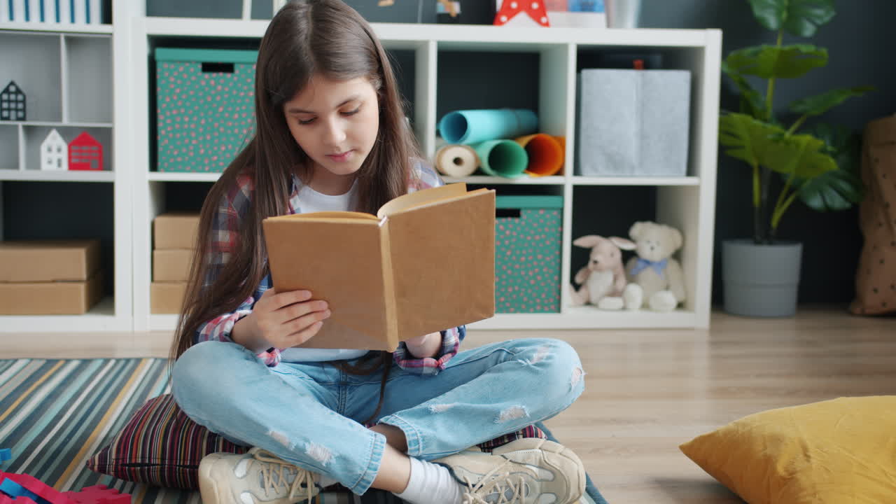 Girl Reading a Book on the Floor