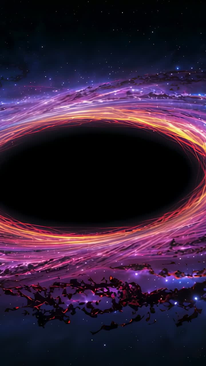 Vertical video: Opening sparking accretion disk orbiting black hole in space with dust swirling