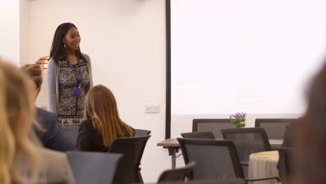 businesswoman making presentation at conference shot on r3d