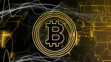 bitcoin symbol with circular lines and data processing animation on dark background