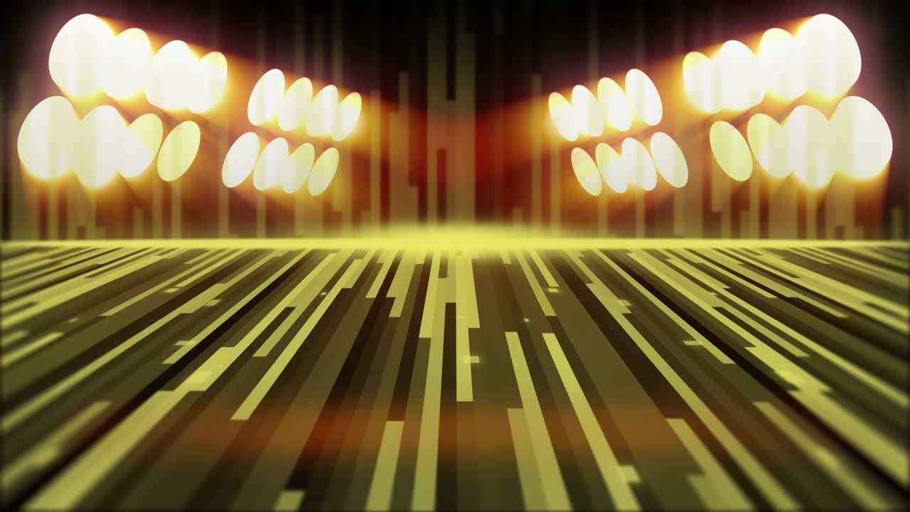 Animasi garis-garis kuning di atas lampu sorot dengan latar belakang hitam