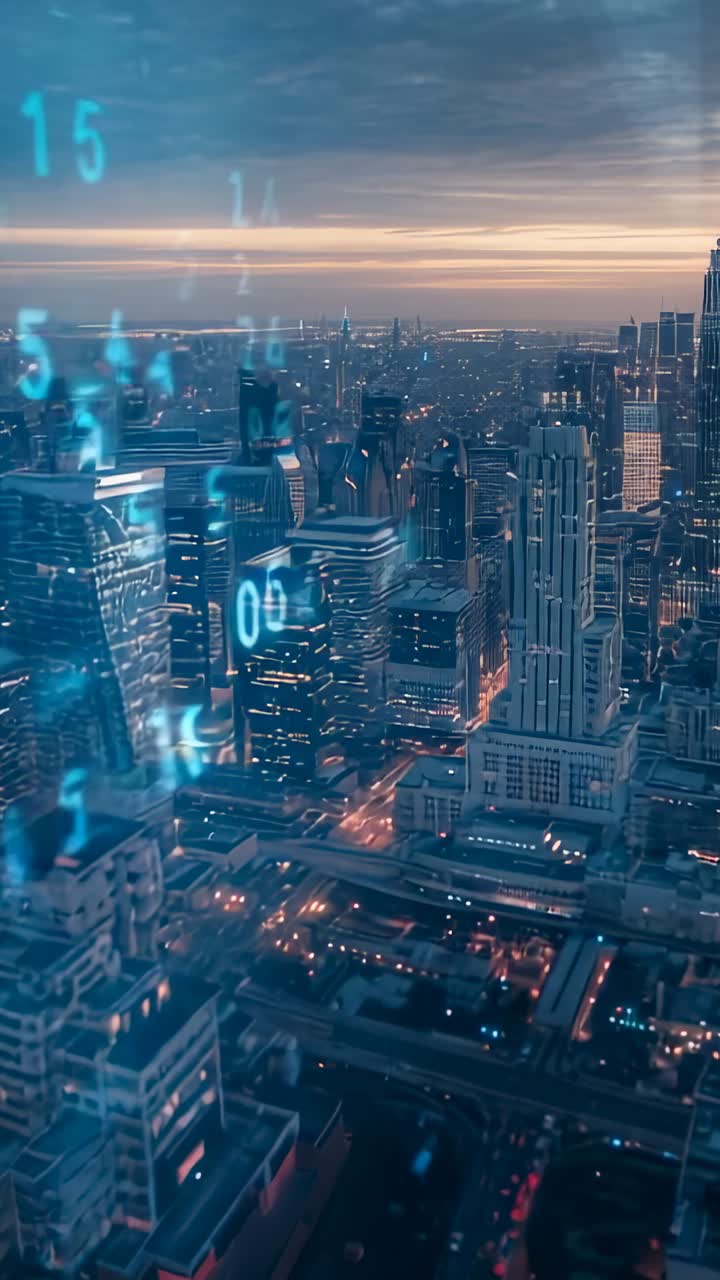 Video verticale: immagine del paesaggio urbano con numeri fluttuanti al crepuscolo, luci della città pulsanti