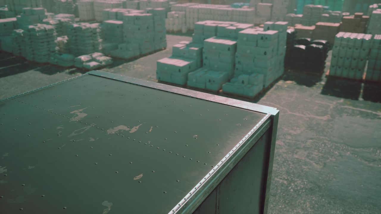 배경에 상자와 함께 창고에 주차 된 준 트레일러 트럭