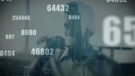 animation of numbers and data processing over man drinking coffee