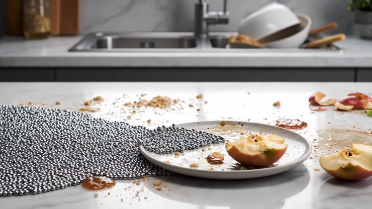 Kitchen mess with spilled food and dishware