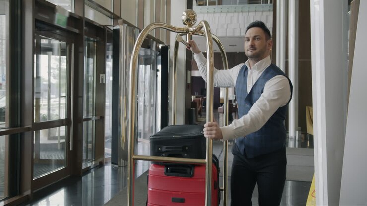 Hotel Bellhop with Luggage in Lobby