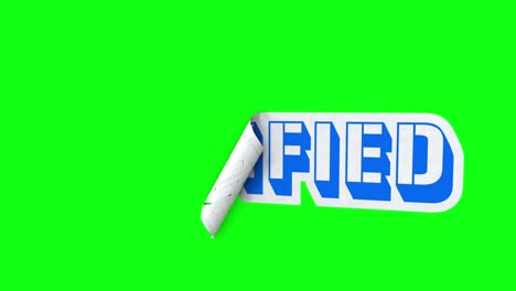 Certified label sign sticker unrolling on green screen. Quality tested certification authorized product animation 3d