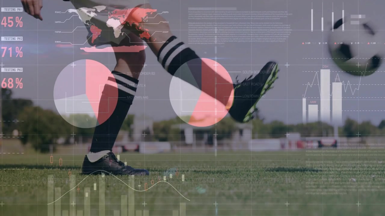 female soccer player kicking ball, overlaying pie and bar charts and world map for sports data