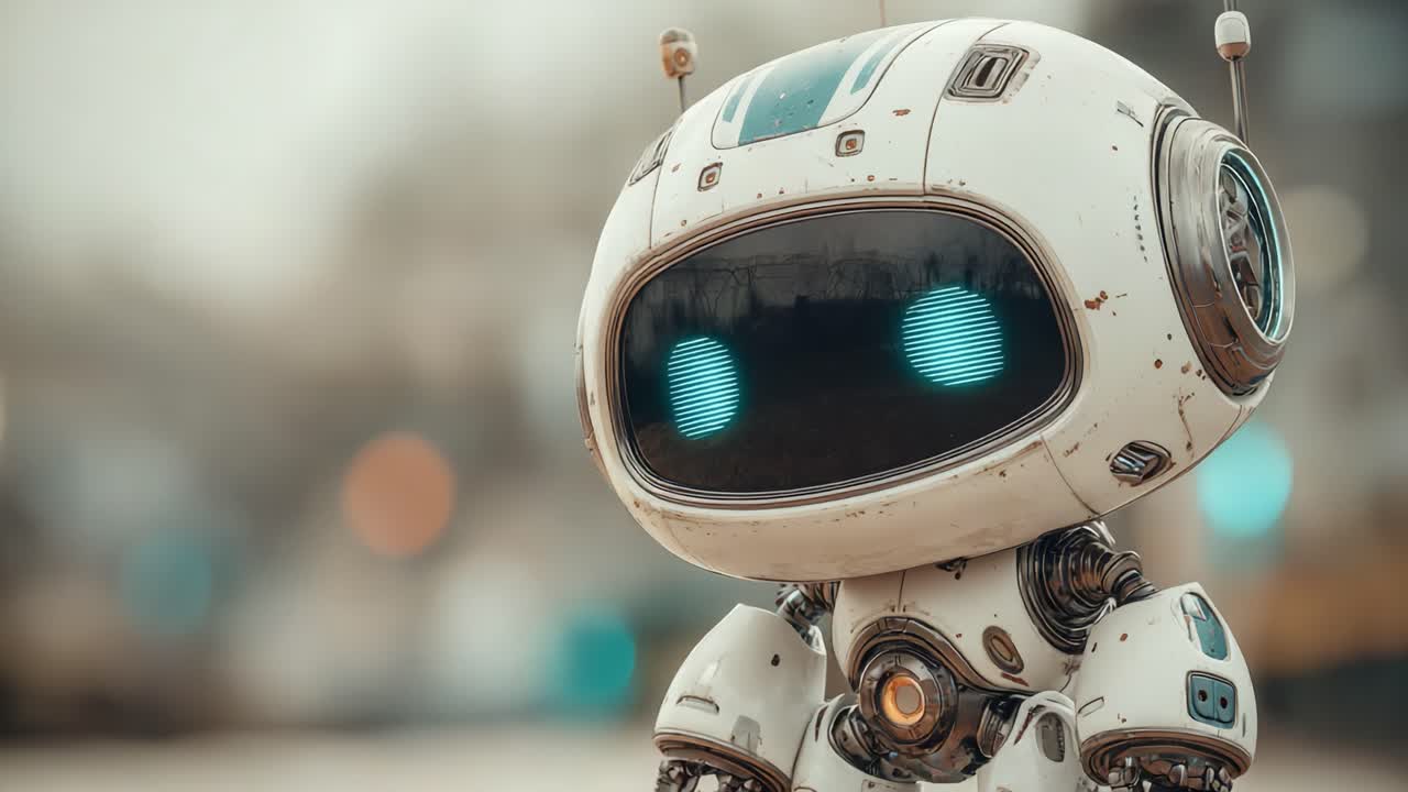 Un grazioso robottino con occhi espressivi catturato in due diverse inquadrature, che ne mostrano la personalità giocosa e il design futuristico in un vivace ambiente urbano