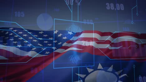 Animation-of-data-processing-over-flag-of-taiwan-and-united-states-of-america