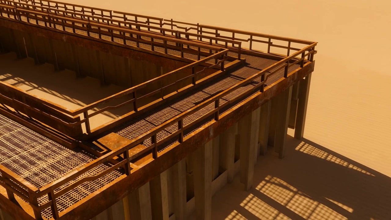 Starting camera orbit showing platform on sand, revealing rusty rails, grates, piers, grid shadows
